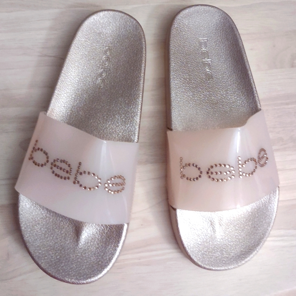Bebe Dahlia Rose Gold Bling Logo Sandals Flip Flops Shower Shoes Y2K